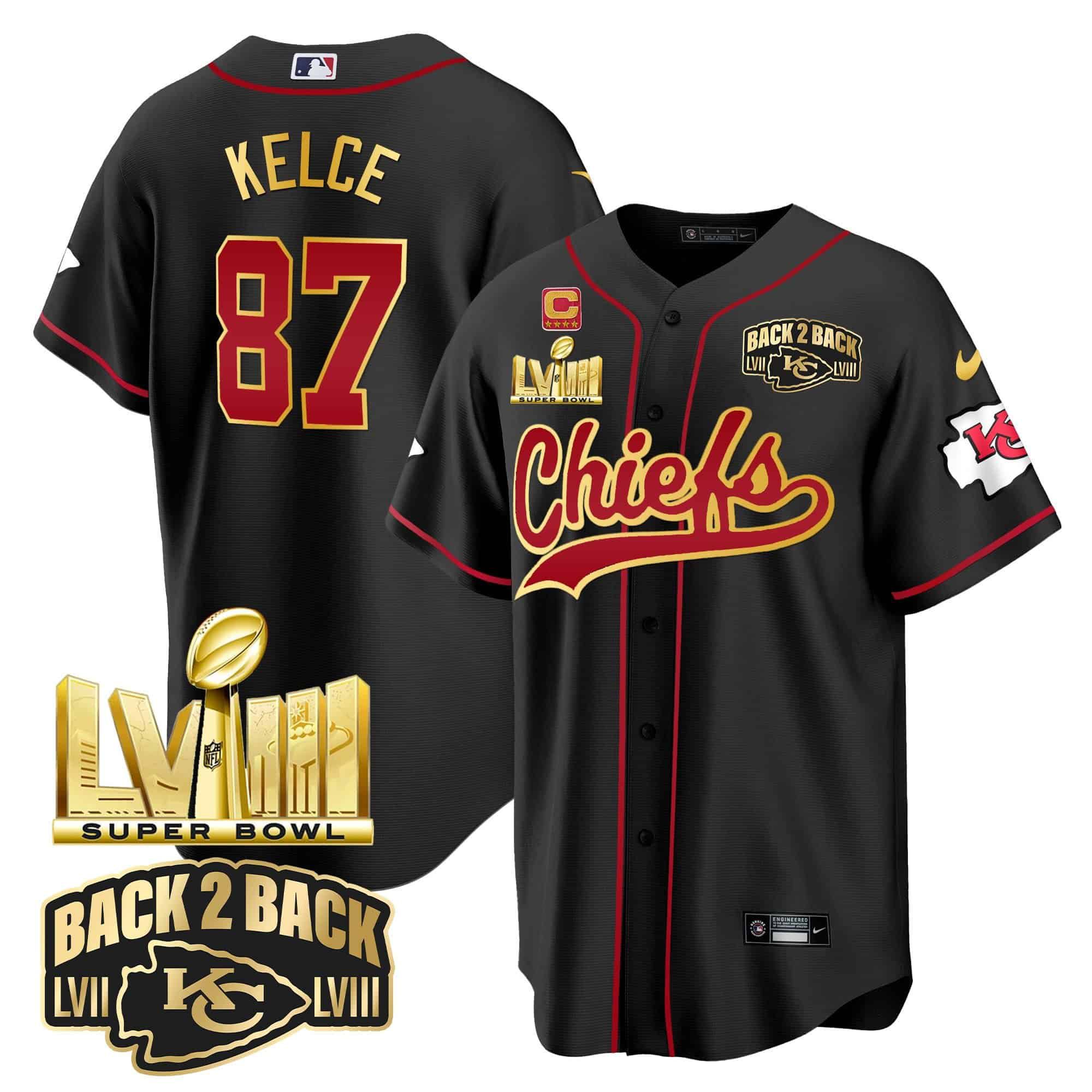 Men Kansas City Chiefs #87 Kelce Black 2024 Nike Super Bowl LVIII Back-2-Back Gold Patch Baseball NFL Jersey->indianapolis colts->NFL Jersey